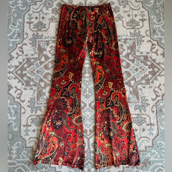 Novella Royale Paisley Velvet Janis Pants L Red Brown Mid Rise Bell Wide Leg - Picture 7 of 8